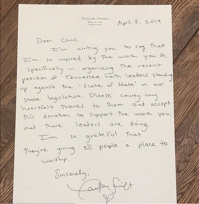 Taylor Swift donates $113,000 to T.E.P: LGBTQ advocacy group with handwritten note